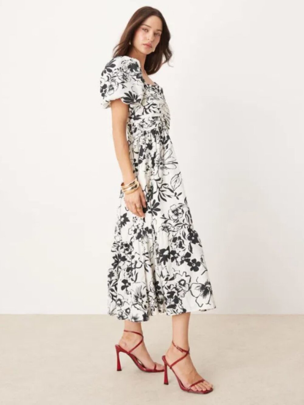 Abercrombie & Fitch Emerson Black White Floral Puff-Sleeve Midi Dress L Petite